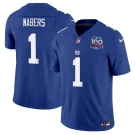 Men's New York Giants #1 Malik Nabers Blue 2024 Draft F.U.S.E. 100TH Season Patch Vapor Untouchable Limited Stitched Jersey