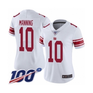 Women's New York Giants #10 Eli Manning White Vapor Untouchable Limited Player 100th Season Football Jersey