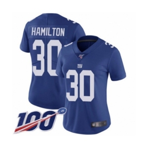 Women's New York Giants #30 Antonio Hamilton Royal Blue Team Color Vapor Untouchable Limited Player 100th Season Football Jersey