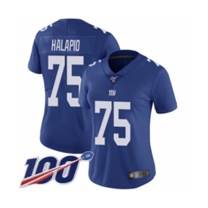 Women's New York Giants #75 Jon Halapio Royal Blue Team Color Vapor Untouchable Limited Player 100th Season Football Jersey