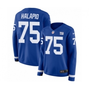 Women's Nike New York Giants #75 Jon Halapio Limited Royal Blue Therma Long Sleeve NFL Jersey