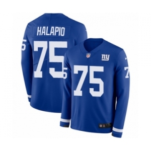 Youth Nike New York Giants #75 Jon Halapio Limited Royal Blue Therma Long Sleeve NFL Jersey