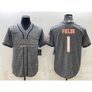 Men's Chicago Bears #1 Justin Fields Gray With Patch Cool Base Stitched Baseball Jersey