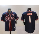 Men's Chicago Bears #1 Justin Fields Navy Throwback With Patch Cool Base Stitched Baseball Jersey