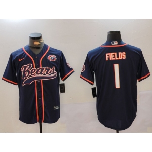 Men's Chicago Bears #1 Justin Fields Navy Throwback With Patch Cool Base Stitched Baseball Jersey