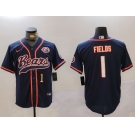 Men's Chicago Bears #1 Justin Fields Navy Throwback With Patch Cool Base Stitched Baseball Jerseys