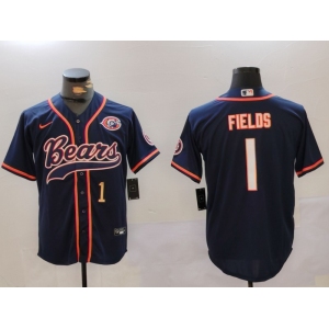 Men's Chicago Bears #1 Justin Fields Navy Throwback With Patch Cool Base Stitched Baseball Jerseys