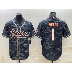 Men's Chicago Bears Blank #1 Justin Fields Grey Camo With Patch Cool Base Stitched Baseball Jersey