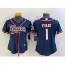 Women's Chicago Bears #1 Justin Fields Navy With Patch Cool Base Stitched Baseball Jersey