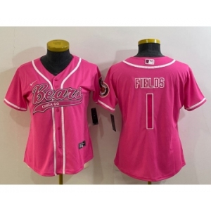 Women's Chicago Bears #1 Justin Fields Pink With Patch Cool Base Stitched Baseball Jersey