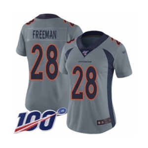 Women's Denver Broncos #28 Royce Freeman Limited Silver Inverted Legend 100th Season Football Jersey