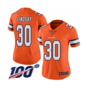 Women's Denver Broncos #30 Phillip Lindsay Limited Orange Rush Vapor Untouchable 100th Season Football Jersey