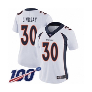 Women's Denver Broncos #30 Phillip Lindsay White Vapor Untouchable Limited Player 100th Season Football Jersey