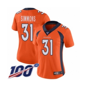 Women's Denver Broncos #31 Justin Simmons Orange Team Color Vapor Untouchable Limited Player 100th Season Football Jersey