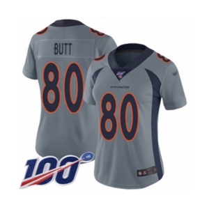 Women's Denver Broncos #80 Jake Butt Limited Silver Inverted Legend 100th Season Football Jersey