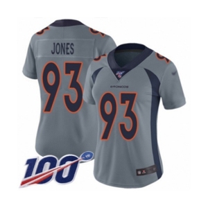 Women's Denver Broncos #93 Dre'Mont Jones Limited Silver Inverted Legend 100th Season Football Jersey