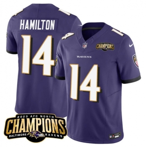 Men's Baltimore Ravens #14 Kyle Hamilton Purple 2023 F.U.S.E. AFC North Champions Vapor Limited Football Stitched Jersey