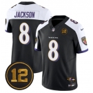 Men's Baltimore Ravens #8 Lamar Jackson Black Alternate 2025 F.U.S.E Jacoby Jones Patch Vapor Limited Football Jersey
