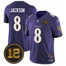 Men's Baltimore Ravens #8 Lamar Jackson Purple 2025 F.U.S.E Jacoby Jones Patch Vapor Limited Football Jersey