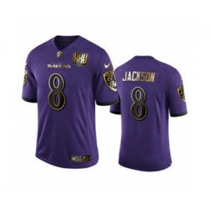 Men's Baltimore Ravens #8 Lamar Jackson Purple Team 25th Season Golden Limited Football Jersey