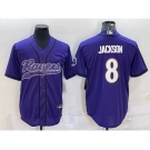 Men's Baltimore Ravens #8 Lamar Jackson Purple With Patch Cool Base Stitched Baseball Jersey