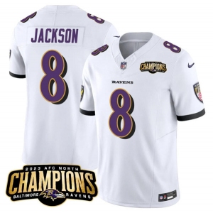 Men's Baltimore Ravens #8 Lamar Jackson White 2023 F.U.S.E. AFC North Champions Vapor Limited Football Stitched Jersey