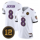 Men's Baltimore Ravens #8 Lamar Jackson White 2025 F.U.S.E Jacoby Jones Patch Vapor Limited Football Jersey