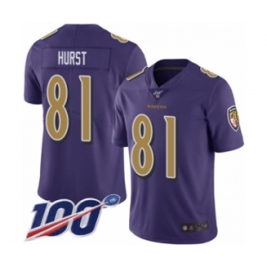 Men's Baltimore Ravens #81 Hayden Hurst Limited Purple Rush Vapor Untouchable 100th Season Football Jersey