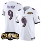 Men's Baltimore Ravens #9 Justin Tucker White 2023 F.U.S.E. AFC North Champions Vapor Limited Football Stitched Jersey