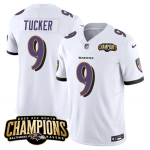 Men's Baltimore Ravens #9 Justin Tucker White 2023 F.U.S.E. AFC North Champions Vapor Limited Football Stitched Jersey