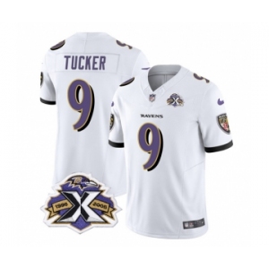 Men's Baltimore Ravens #9 Justin Tucker White 2023 F.U.S.E With Patch Throwback Vapor Limited Stitched Jersey