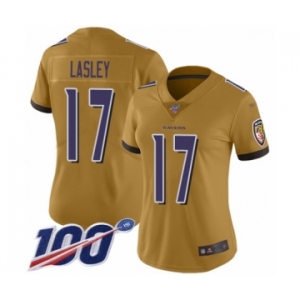 Women's Baltimore Ravens #17 Jordan Lasley Limited Gold Inverted Legend 100th Season Football Jersey