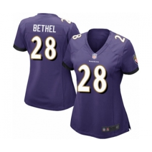 Women's Baltimore Ravens #28 Justin Bethel Game Purple Team Color Football Jersey