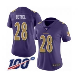 Women's Baltimore Ravens #28 Justin Bethel Limited Purple Rush Vapor Untouchable 100th Season Football Jersey