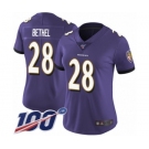 Women's Baltimore Ravens #28 Justin Bethel Purple Team Color Vapor Untouchable Limited Player 100th Season Football Jersey