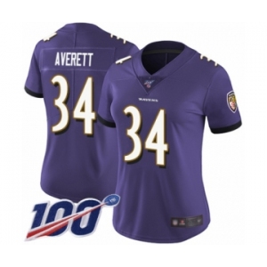 Women's Baltimore Ravens #34 Anthony Averett Purple Team Color Vapor Untouchable Limited Player 100th Season Football Jersey