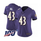 Women's Baltimore Ravens #43 Justice Hill Purple Team Color Vapor Untouchable Limited Player 100th Season Football Jersey