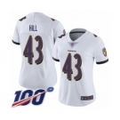 Women's Baltimore Ravens #43 Justice Hill White Vapor Untouchable Limited Player 100th Season Football Jersey