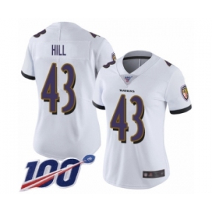 Women's Baltimore Ravens #43 Justice Hill White Vapor Untouchable Limited Player 100th Season Football Jersey