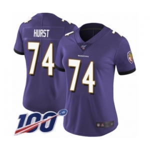 Women's Baltimore Ravens #74 James Hurst Purple Team Color Vapor Untouchable Limited Player 100th Season Football Jersey