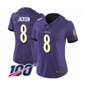 Women's Baltimore Ravens #8 Lamar Jackson Purple Team Color Vapor Untouchable Limited Player 100th Season Football Jersey