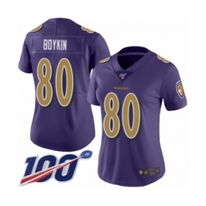 Women's Baltimore Ravens #80 Miles Boykin Limited Purple Rush Vapor Untouchable 100th Season Football Jersey