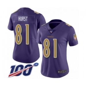 Women's Baltimore Ravens #81 Hayden Hurst Limited Purple Rush Vapor Untouchable 100th Season Football Jersey