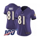 Women's Baltimore Ravens #81 Hayden Hurst Purple Team Color Vapor Untouchable Limited Player 100th Season Football Jersey