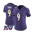 Women's Baltimore Ravens #9 Justin Tucker Purple Team Color Vapor Untouchable Limited Player 100th Season Football Jersey