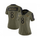 Women's Baltimore Ravens Lamar Jackson Football Olive 2021 Salute To Service Limited Player Jersey