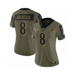 Women's Baltimore Ravens Lamar Jackson Football Olive 2021 Salute To Service Limited Player Jersey