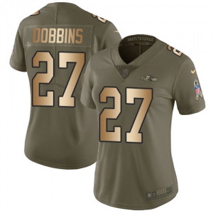 Women's Nike Ravens #27 J.K. Dobbins Olive Gold Stitched NFL Limited 2017 Salute To Service Jersey