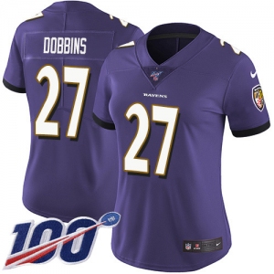 Women's Nike Ravens #27 J.K. Dobbins Purple Team Color Stitched NFL 100th Season Vapor Untouchable Limited Jersey