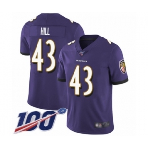 Youth Baltimore Ravens #43 Justice Hill Purple Team Color Vapor Untouchable Limited Player 100th Season Football Jersey